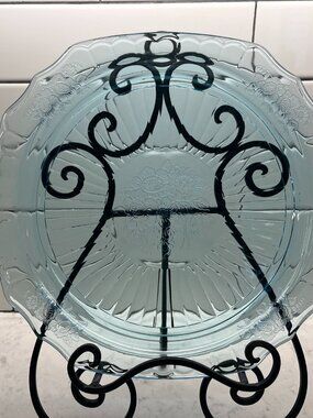 Anchor Hocking Mayfair “Open Rose” Ice Blue, Open Handled Round Cake Plate, 14"
